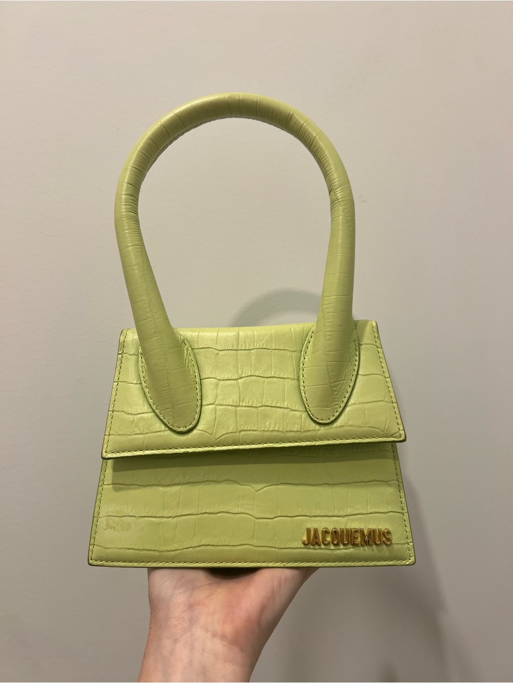 Jacquemus Mini Top-Handle Bag in Lime Croc-Embossed Leather